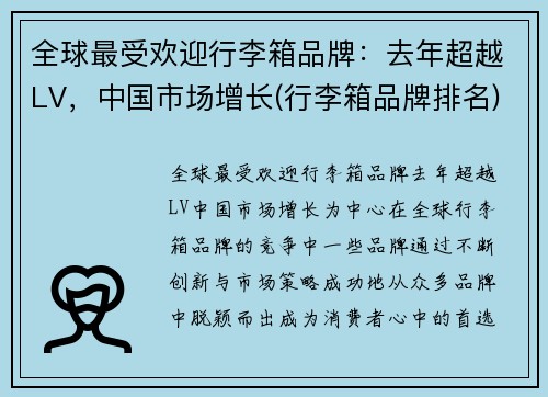 全球最受欢迎行李箱品牌：去年超越LV，中国市场增长(行李箱品牌排名)